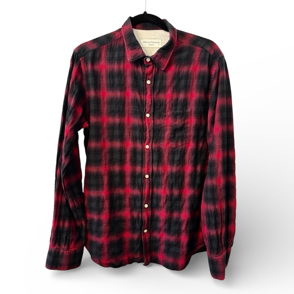 Officine Generale Men's Red and Black Checkered Shirt